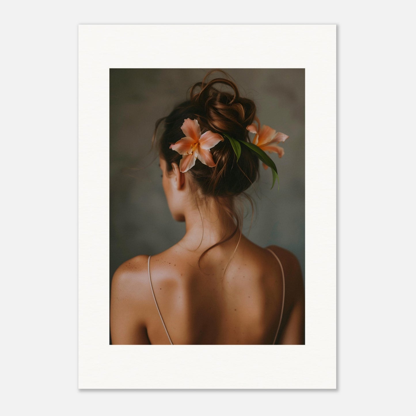 This illustration depicts a woman viewed from behind, with her hair styled in an elegant updo adorned with two peach-colored flowers and green leaves.

This poster would fit well in a bedroom, living room, or any space that benefits from a touch of elegance and natural beauty.