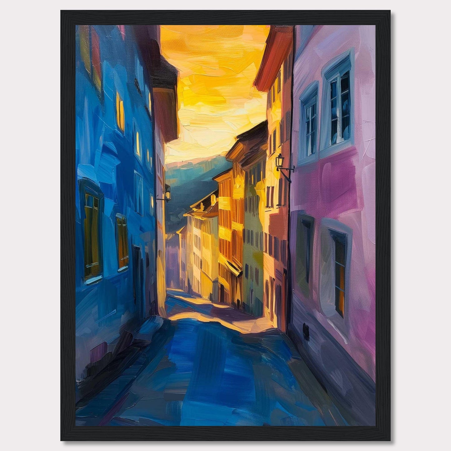 This vibrant painting captures a charming street scene bathed in the warm glow of a sunset. The artwork features colorful buildings, with hues of blue and pink dominating the foreground, while the background fades into golden tones. The narrow street creates a sense of depth, drawing the viewer's eye towards the distant horizon. The play of light and shadow adds a dynamic and lively feel to the piece.