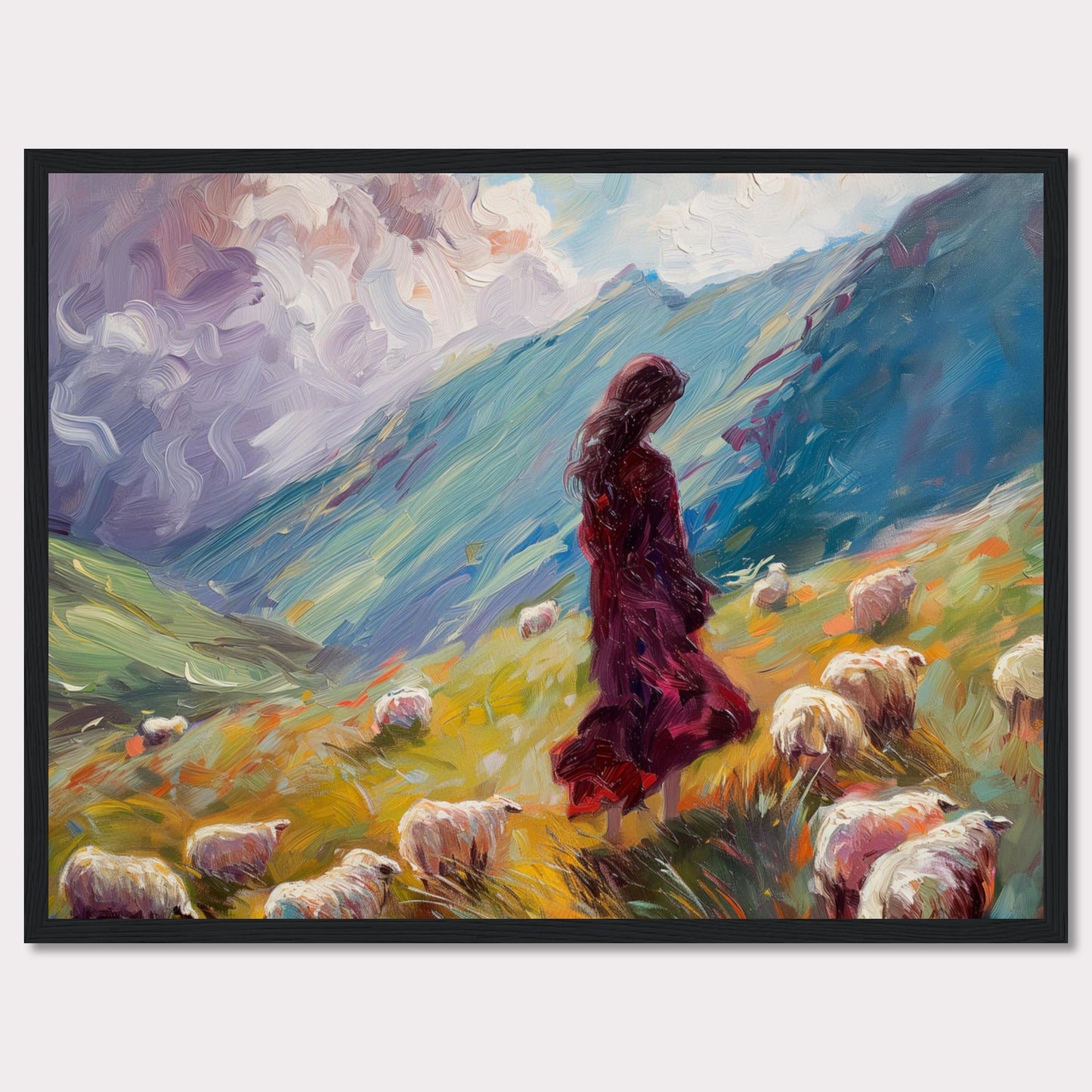 This captivating painting portrays a serene pastoral scene where a woman in a flowing red dress stands amidst a flock of sheep on a vibrant, rolling hillside. The background features dramatic, swirling clouds and lush green mountains, creating a sense of tranquility and connection with nature.