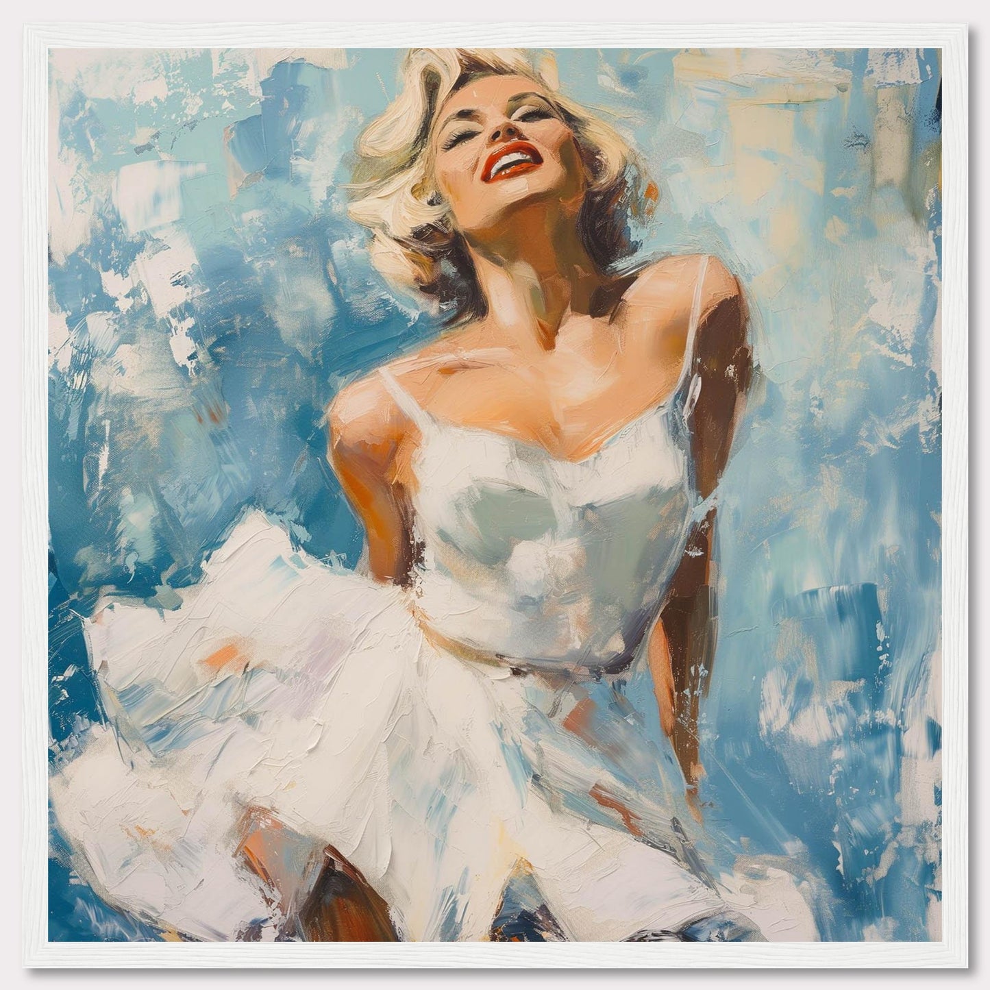 This vibrant painting captures the essence of joy and elegance, featuring a woman in a flowing white dress against a dynamic blue background. The bold brushstrokes and vivid colors evoke a sense of movement and freedom.