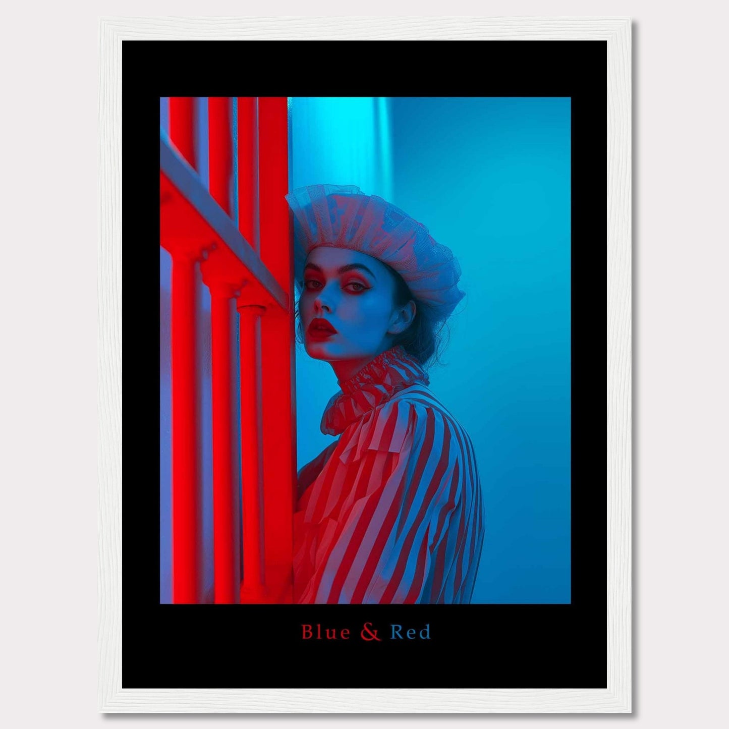 This striking poster features a dramatic portrait of a woman illuminated in contrasting blue and red lighting. The subject is dressed in a striped outfit and a sheer headpiece, creating a bold and artistic visual effect.