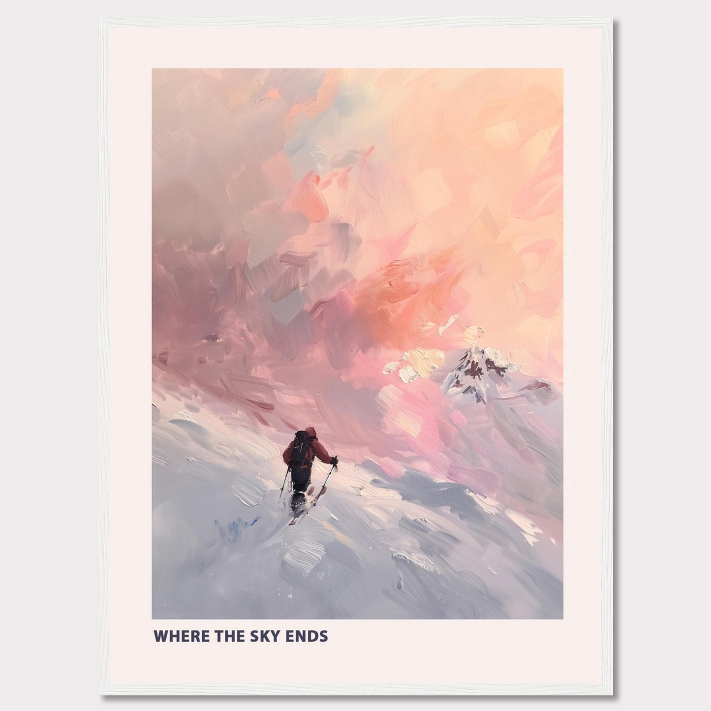 This captivating artwork titled "Where the Sky Ends" portrays a lone adventurer trekking through a snow-covered landscape towards a breathtaking, colorful sky. The painting captures a sense of solitude and determination against a backdrop of majestic, pastel-hued clouds.