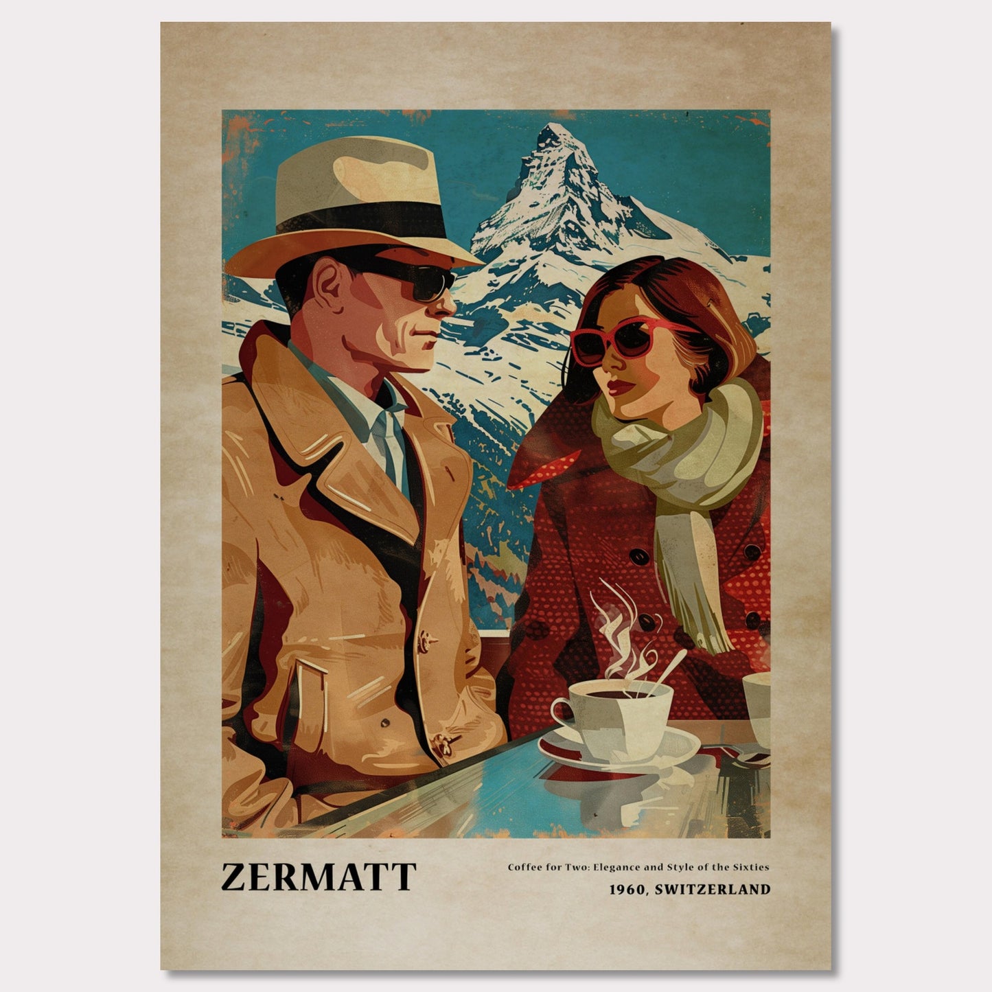 This vintage-style poster depicts a stylish couple enjoying coffee with a snowy mountain backdrop in Zermatt, Switzerland.