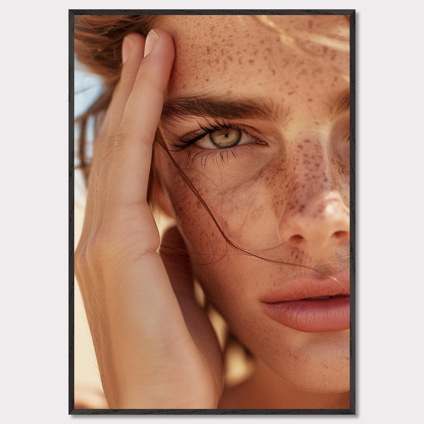 This captivating close-up portrait showcases the natural beauty of a person with freckles and an intense gaze.