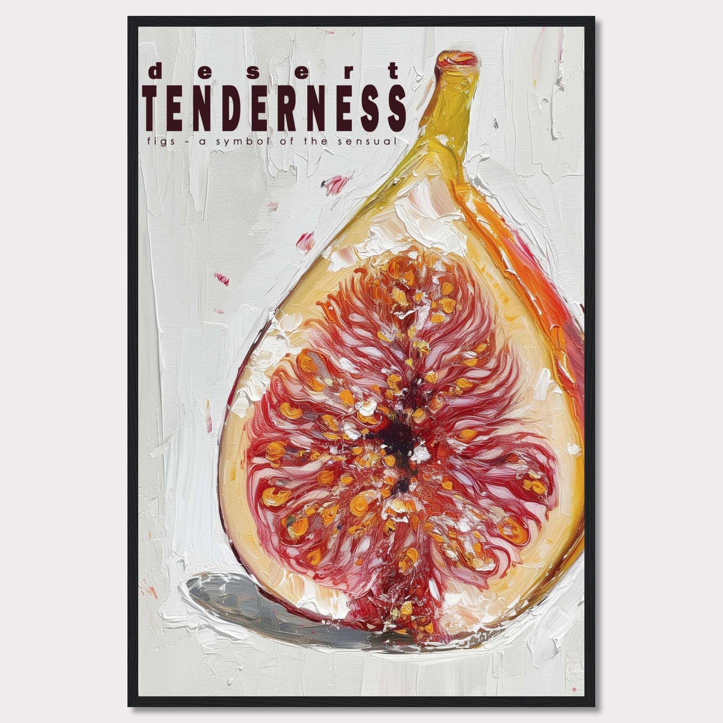 This image features an artistic representation of a fig, emphasizing its rich, sensual qualities. The painting uses bold brushstrokes and vibrant colors to highlight the intricate details of the fruit.