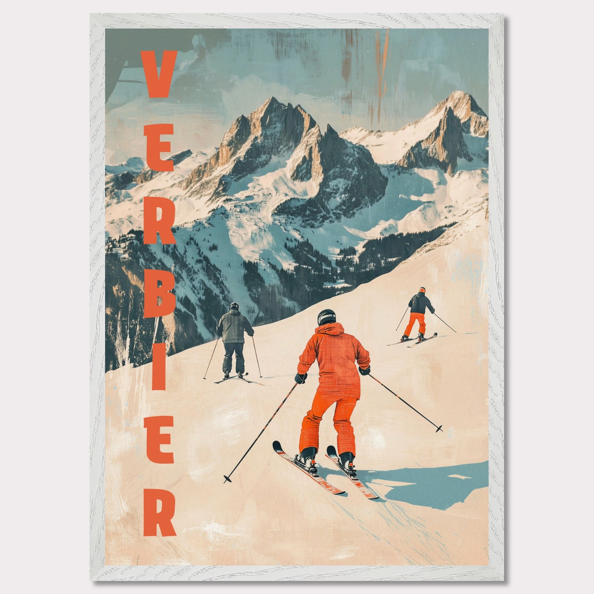 This retro-inspired poster vividly captures the exhilarating spirit of skiing in Verbier. A group of skiers clad in bold orange descends a pristine alpine slope, set against the majestic backdrop of rugged, snow-covered peaks. The textured vintage art style and muted color palette evoke nostalgia while celebrating the dynamic energy of winter sports.