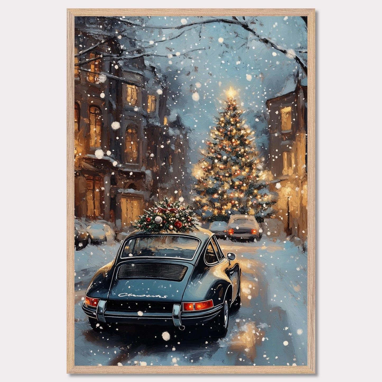 This enchanting poster portrays a snowy Swiss street with a beautifully adorned vintage car carrying a Christmas tree. The softly glowing lights and festive decorations create an atmosphere of joyous holiday anticipation. The combination of timeless cars and seasonal spirit brings a unique charm to this holiday scene.