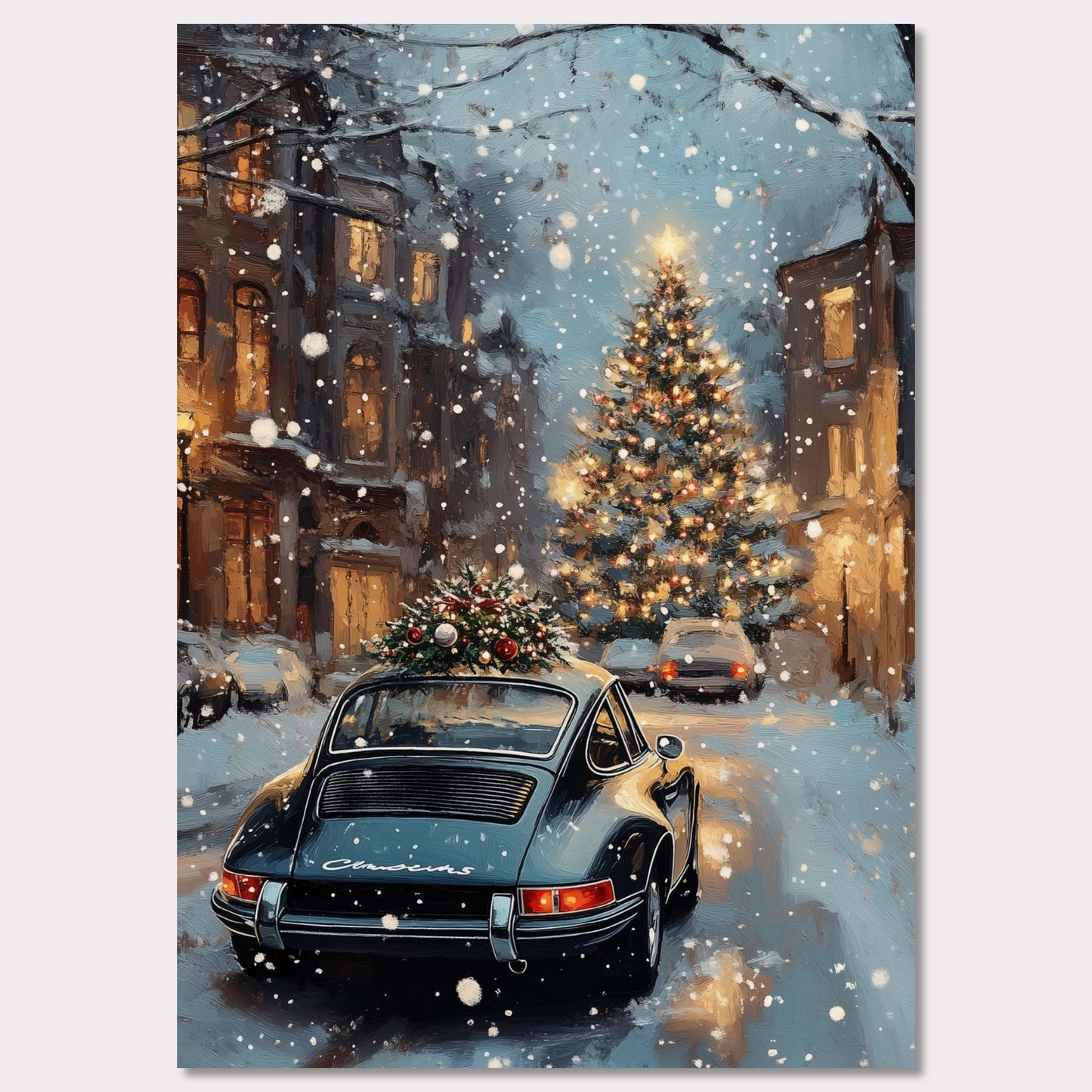 This enchanting poster portrays a snowy Swiss street with a beautifully adorned vintage car carrying a Christmas tree. The softly glowing lights and festive decorations create an atmosphere of joyous holiday anticipation. The combination of timeless cars and seasonal spirit brings a unique charm to this holiday scene.