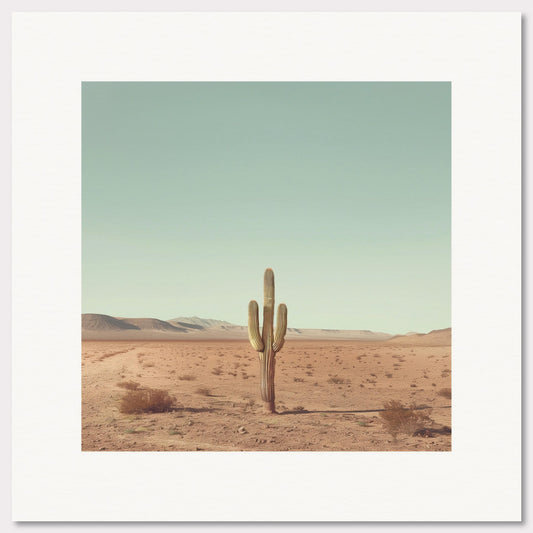 This serene photograph captures the solitary beauty of a lone cactus standing tall in a vast desert landscape. The clear blue sky stretches endlessly above, while distant mountains create a tranquil backdrop. The image is framed in a simple, elegant black border, enhancing its minimalist appeal.