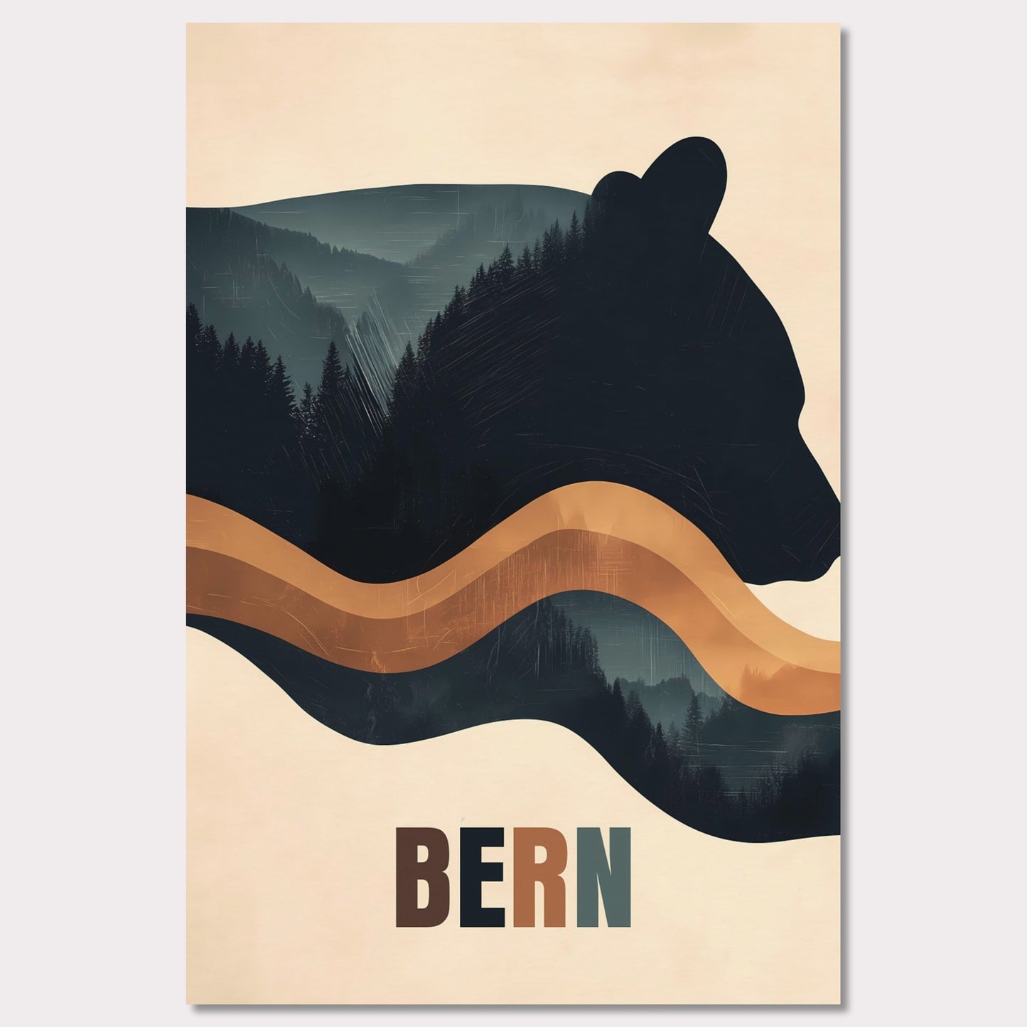 This elegant poster captures the harmony between nature and Bern’s cultural heritage. The silhouette of a bear, the city’s symbol, seamlessly blends with dense forests and flowing lines, creating a sense of tranquility and connection with the surroundings. The minimalist style and warm color palette give the artwork a modern aesthetic.