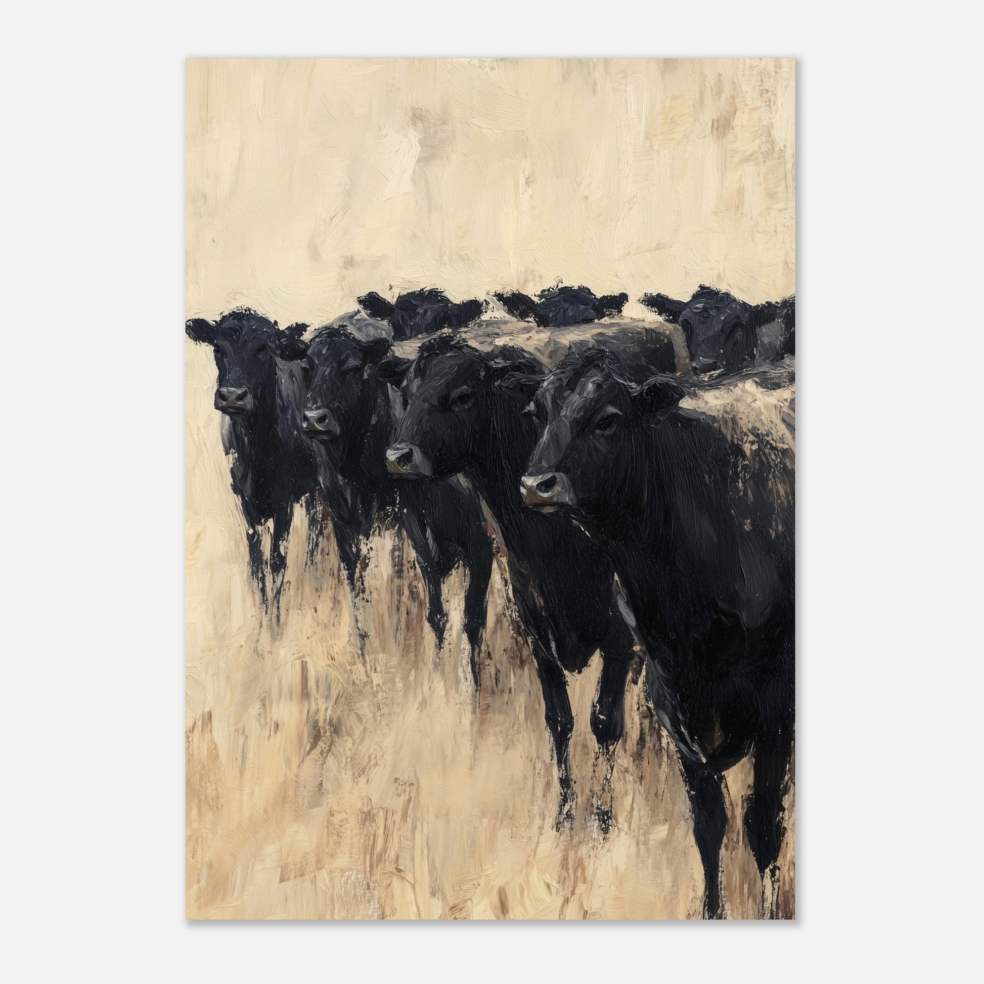 This captivating painting depicts a group of black cows standing together, evoking a sense of unity and strength. The textured brushstrokes and neutral background create a striking contrast, highlighting the animals' dark forms.