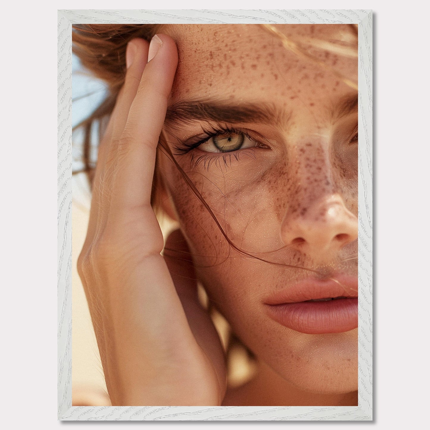 This captivating close-up portrait showcases the natural beauty of a person with freckles and an intense gaze.