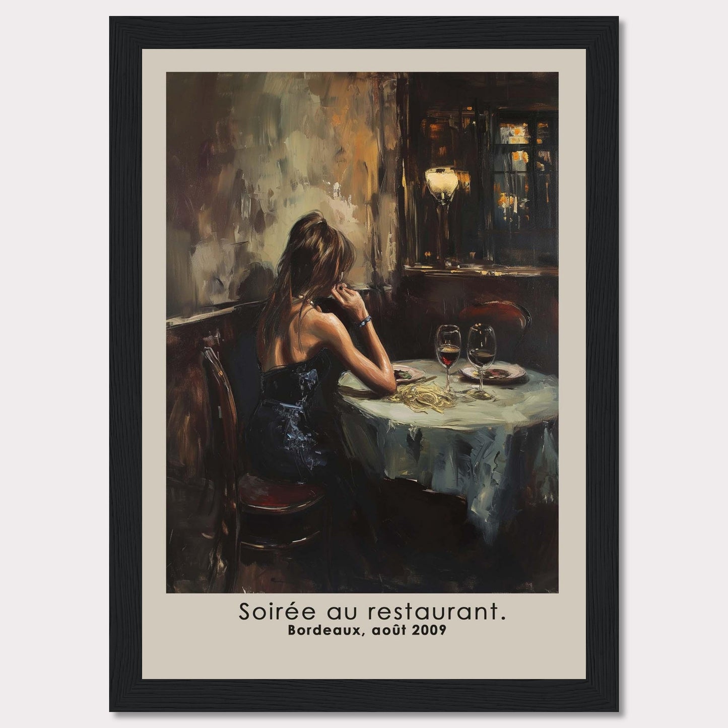 This evocative artwork captures a solitary moment in a restaurant, depicting a woman in an elegant black dress seated at a table adorned with wine glasses and a half-eaten meal. The dim, warm lighting and the reflective mood of the scene create a sense of introspection and nostalgia.