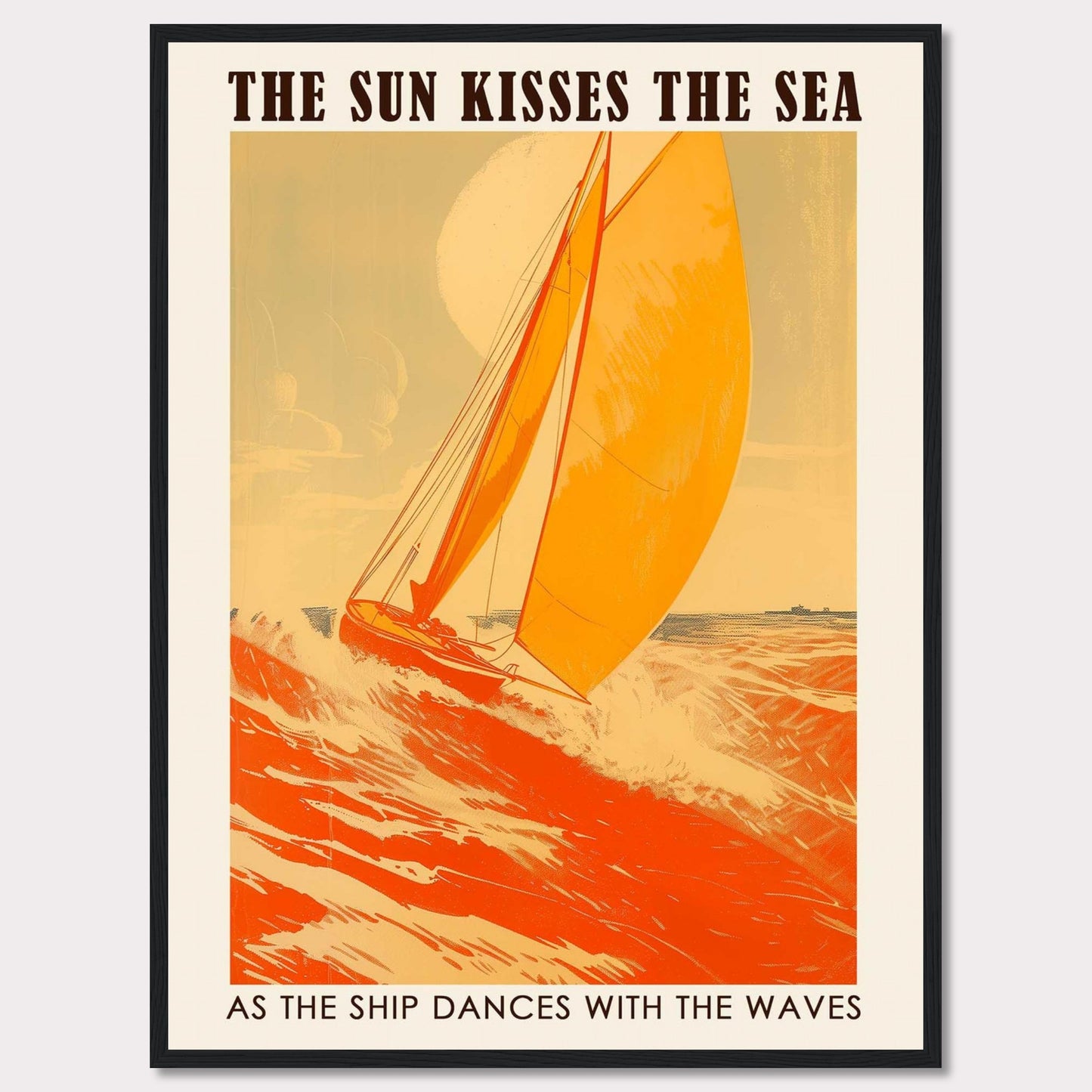 This vibrant poster captures the essence of sailing with a bright orange sailboat cutting through the waves under a warm sun. The bold text reads, "THE SUN KISSES THE SEA" and "AS THE SHIP DANCES WITH THE WAVES," evoking a sense of adventure and freedom.