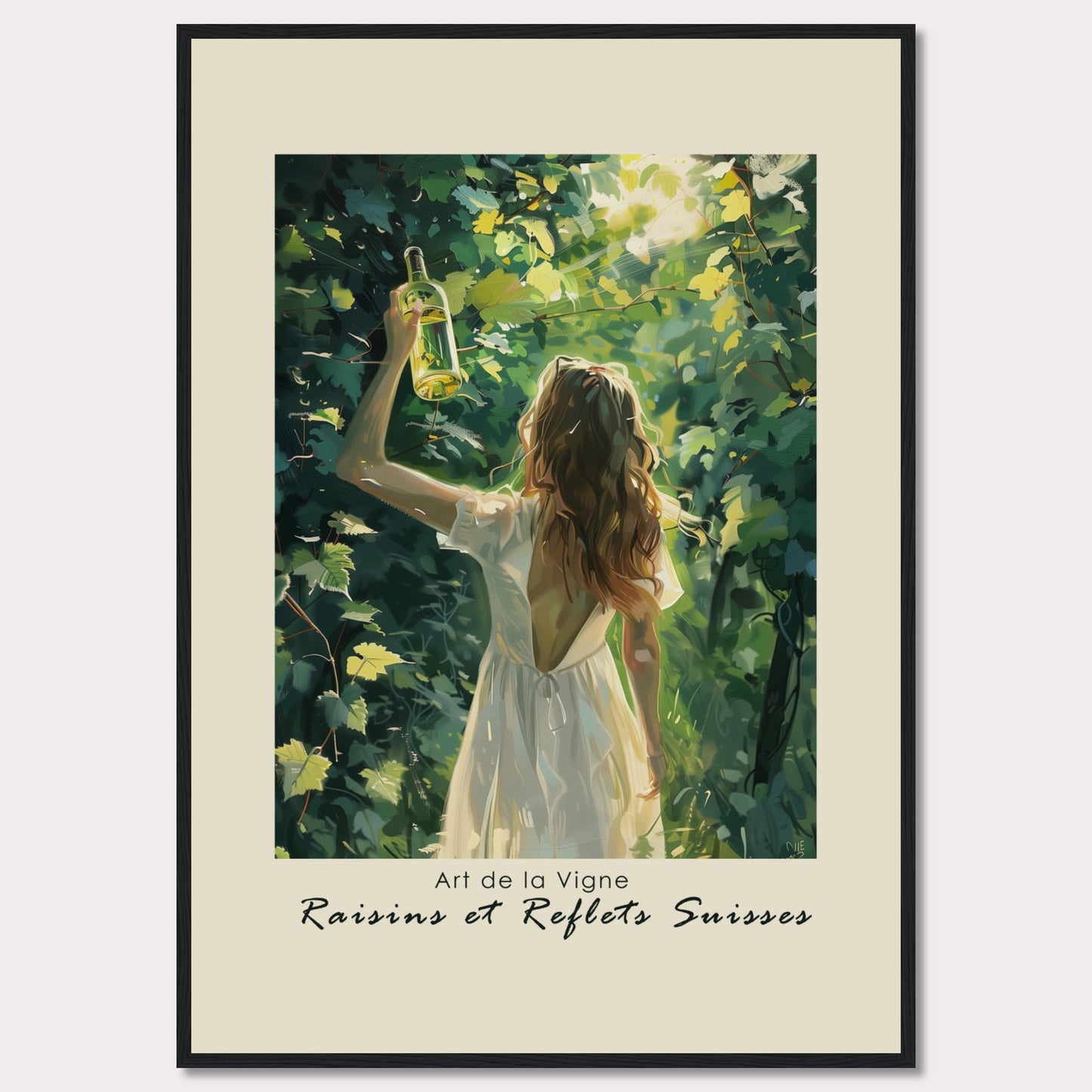 This captivating artwork titled "Art de la Vigne" showcases a woman in a white dress holding up a bottle of wine amidst lush green vines, with sunlight filtering through the leaves. The scene exudes a sense of tranquility and connection with nature.