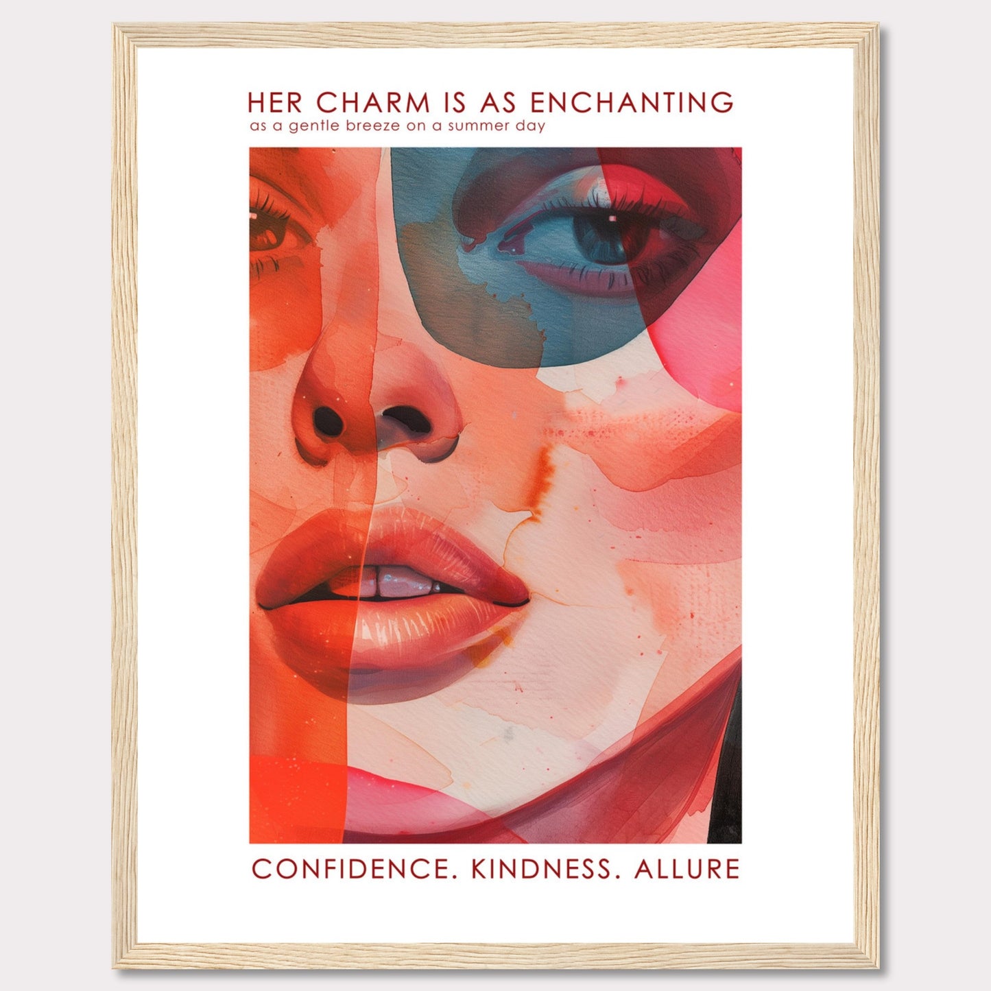 This captivating artwork features a vibrant and abstract portrait of a woman's face, blending warm and cool tones seamlessly. The text at the top reads, "HER CHARM IS AS ENCHANTING as a gentle breeze on a summer day," and at the bottom, it emphasizes "CONFIDENCE. KINDNESS. ALLURE." The image evokes a sense of elegance, mystery, and strength.