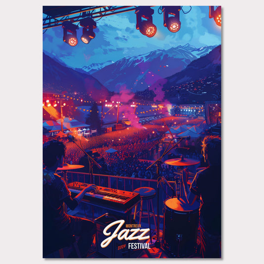 Experience the magic of the Montreux Jazz Festival 2024! This vibrant poster captures the essence of a live performance with a stunning mountain backdrop, colorful stage lights, and an enthusiastic crowd. Feel the rhythm, join the celebration, and be part of this unforgettable musical journey!