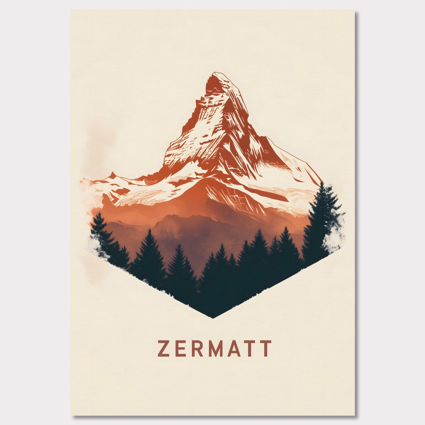 A scenic poster showcasing the breathtaking beauty of Zermatt’s Matterhorn. The rich, painterly textures and natural color palette evoke the serene yet powerful presence of the Alps.