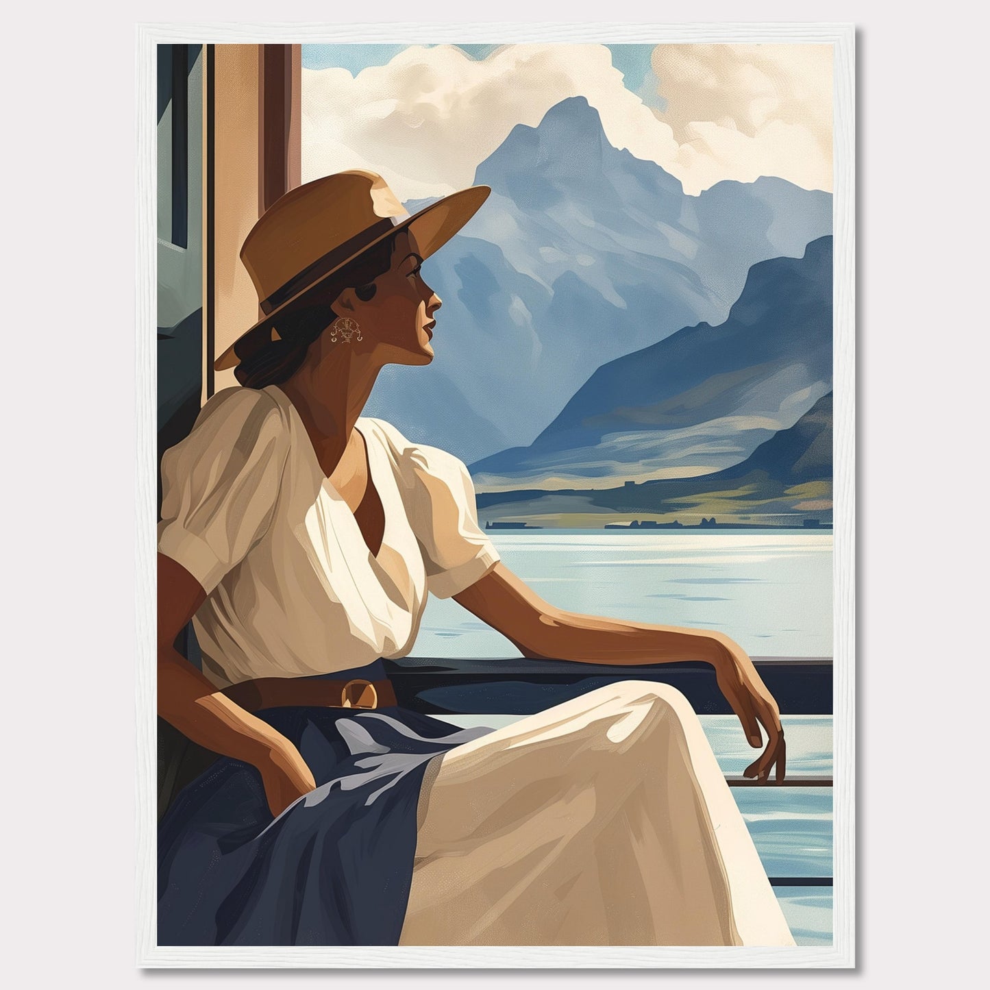 This captivating artwork features a serene woman in a white dress and wide-brimmed hat, gazing out at a tranquil lake with majestic mountains in the background. The scene evokes a sense of peace and contemplation, inviting viewers to pause and appreciate the beauty of nature.