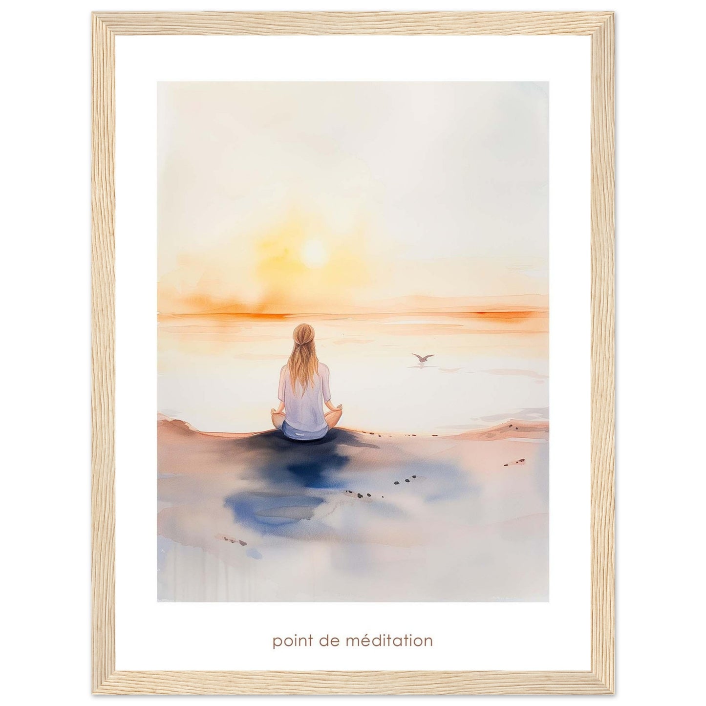 This serene artwork captures a tranquil moment of meditation by the sea at sunrise. A person sits cross-legged on the shore, facing the calming horizon as the sun rises, casting a warm glow over the water. A bird flies gracefully in the distance, adding to the peaceful ambiance. The soft colors and gentle brushstrokes evoke a sense of calm and introspection.