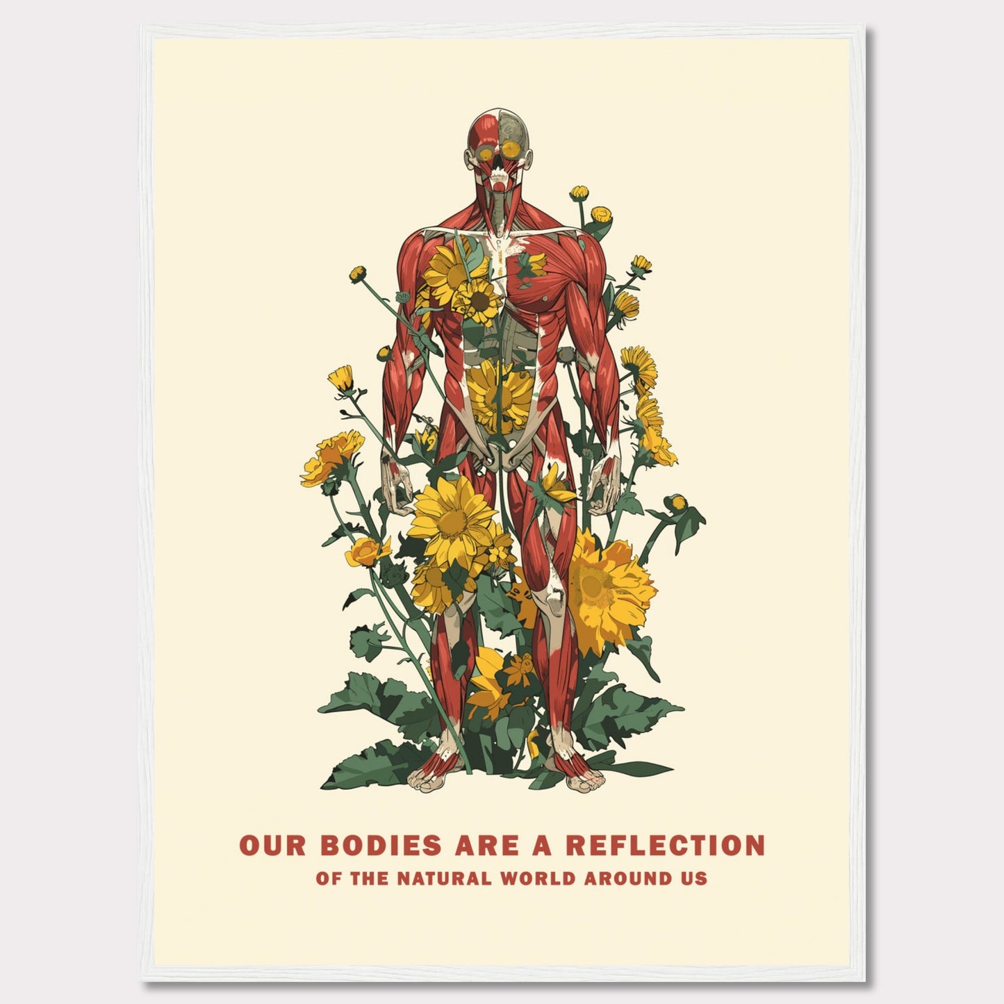 This image features a detailed anatomical illustration of a human body intertwined with vibrant yellow flowers and green foliage. The artwork highlights the connection between human anatomy and nature.