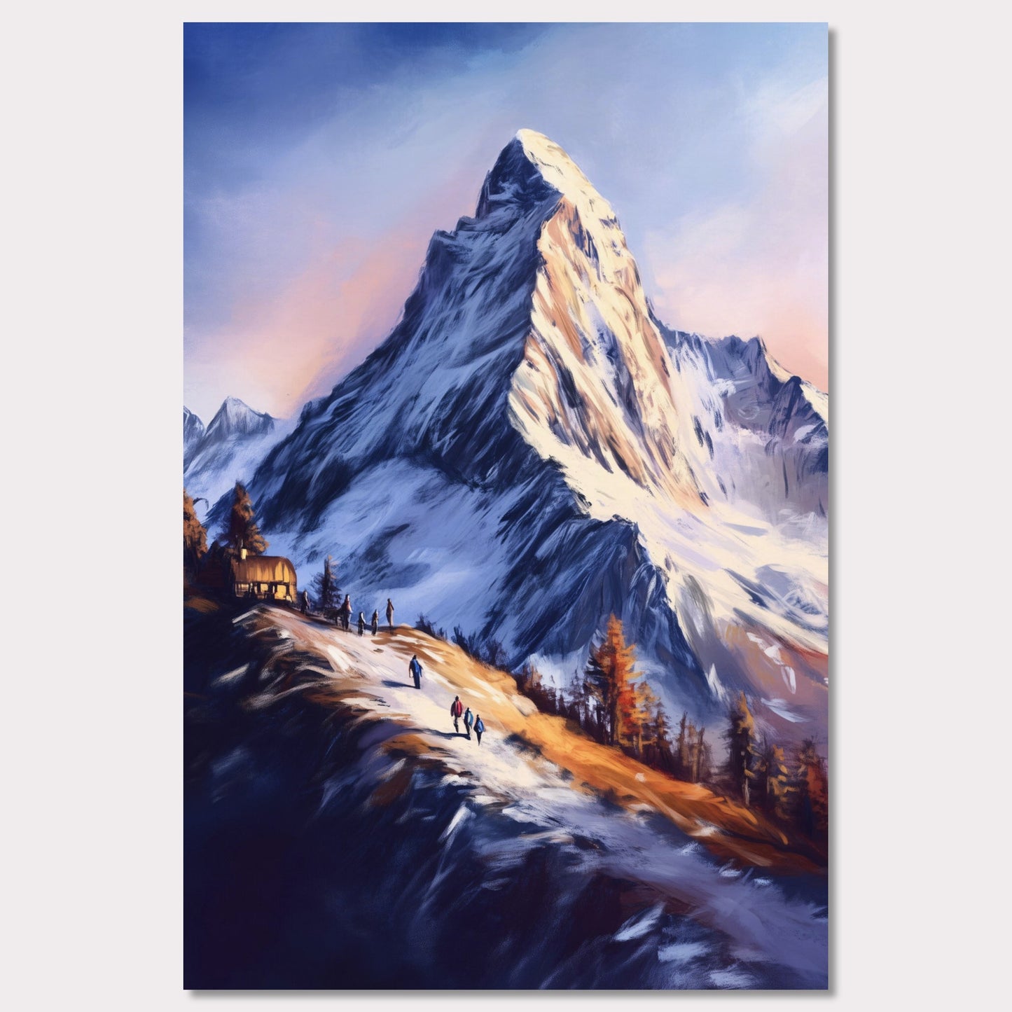 This atmospheric poster captures the awe-inspiring beauty of Zermatt, emphasizing the grandeur of the Matterhorn as it towers over a snow-dusted trail bathed in golden light. The soft, painterly style evokes a sense of tranquility and adventure, blending the rugged alpine landscape with the warmth of human activity.