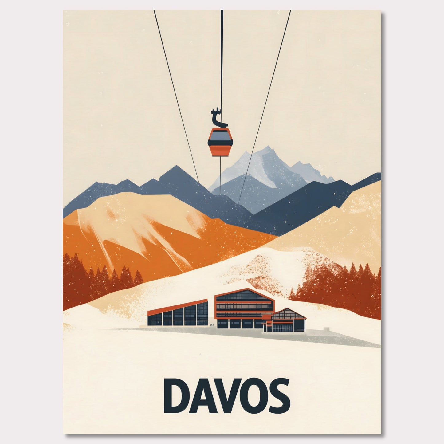 A stunning visual of a winter resort in Davos, nestled among snow-covered mountains. A cable car ascends above, symbolizing the excitement of skiing and high-altitude adventures.