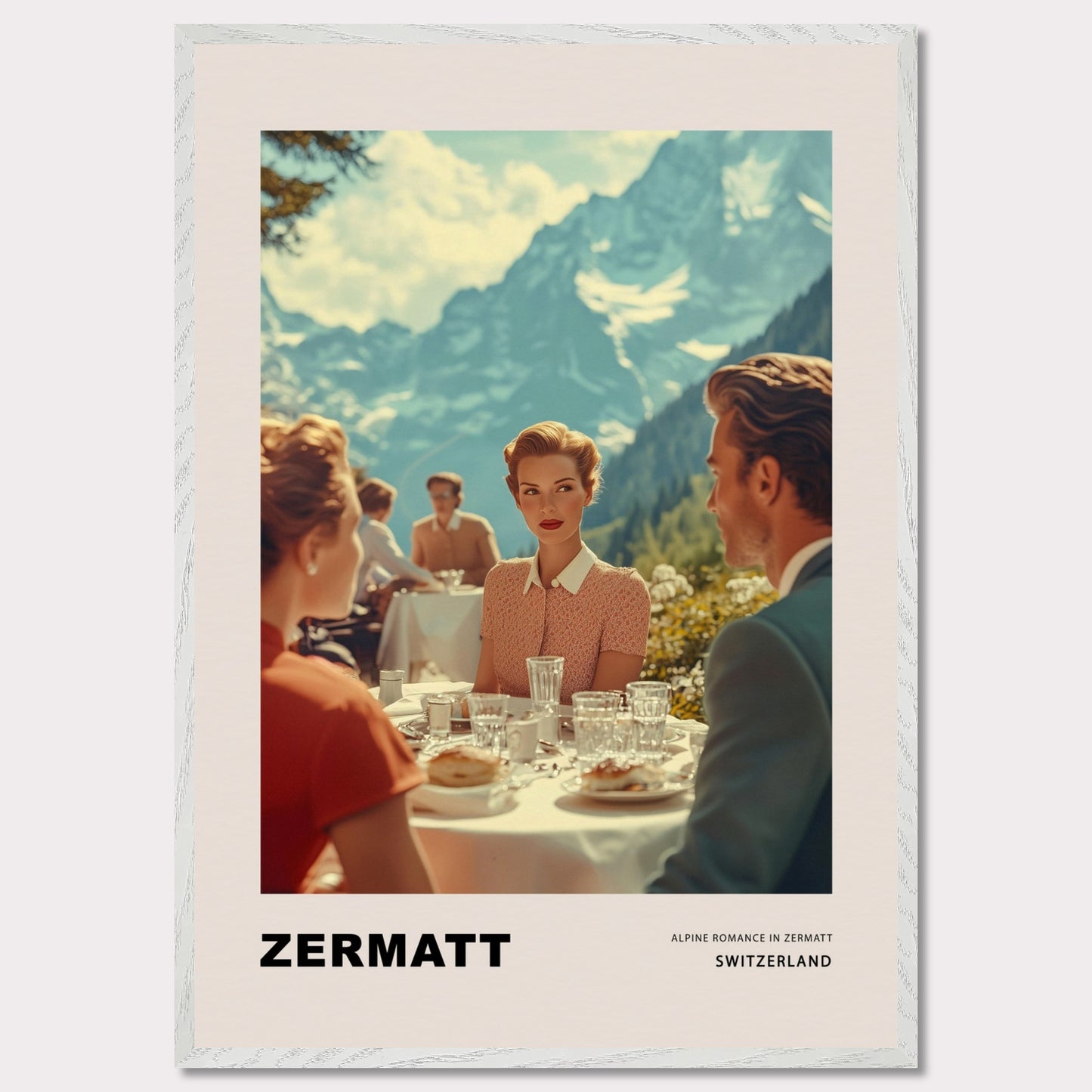 This poster transports us to a world of elegant romance amidst the mountainous landscapes of Zermatt, Switzerland. At the center of the scene is a refined woman with a romantic, enigmatic gaze directed at the man across the table on a café terrace, set against the majestic backdrop of the Alps. 