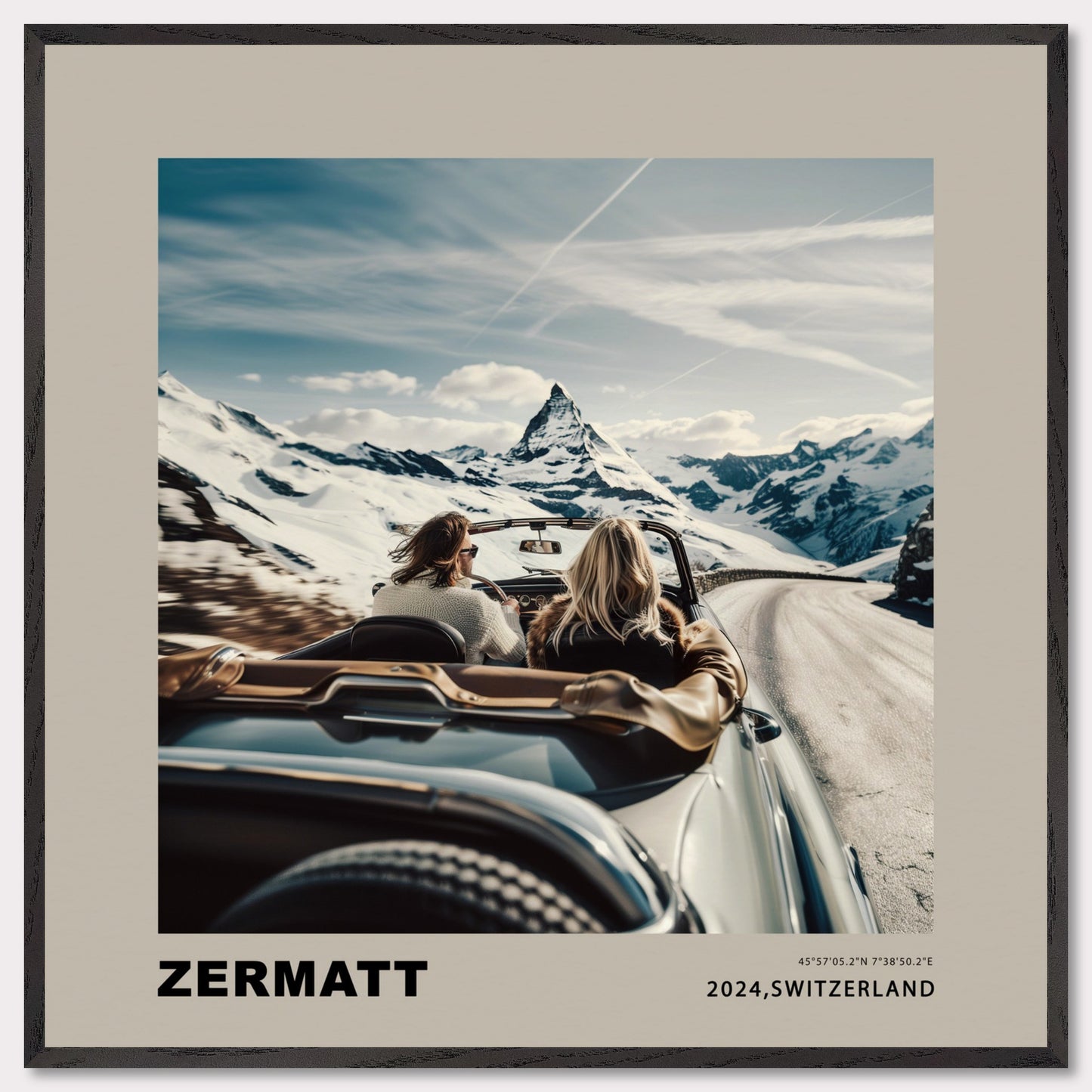 Experience the thrill of a scenic drive through the snowy mountains of Zermatt, Switzerland. This captivating image showcases two adventurers in a convertible, with the iconic Matterhorn standing majestically in the background.