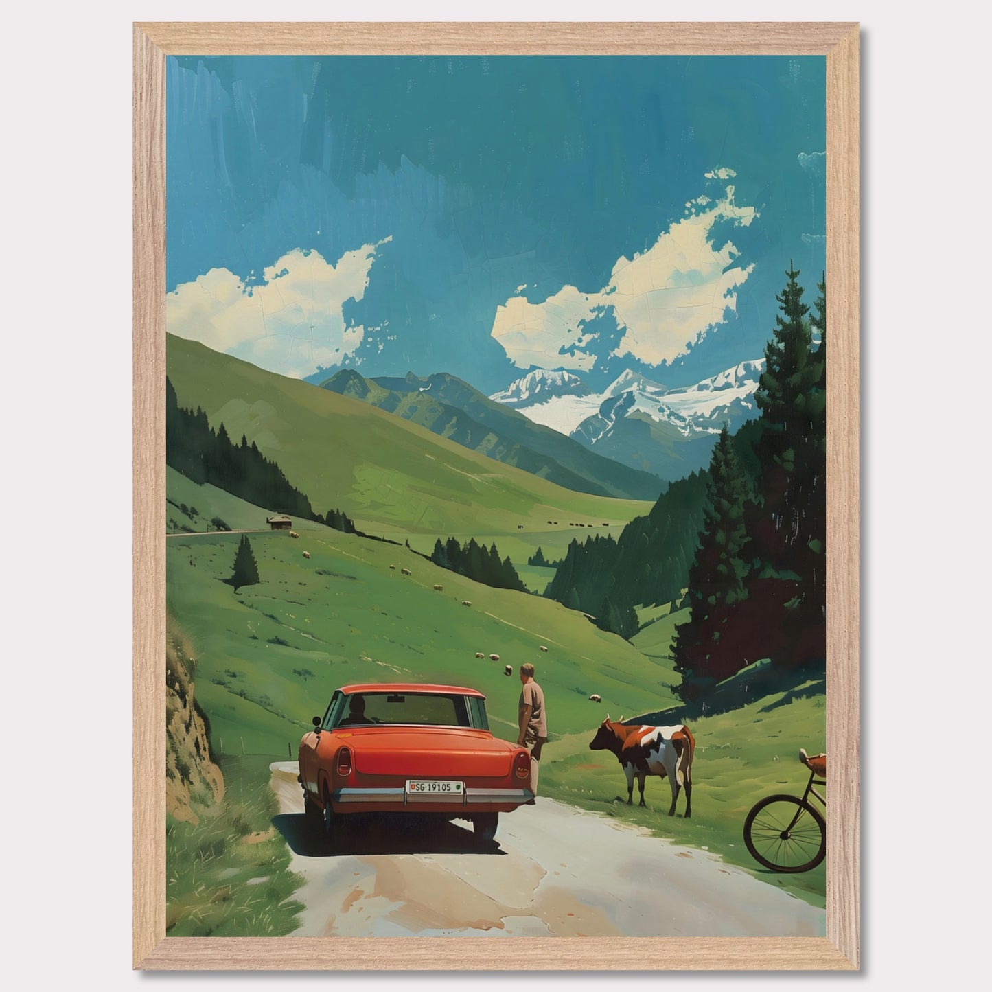 This picture depicts a serene countryside scene with a vibrant red car parked on a narrow road. A person stands beside the car, gazing at a cow that is standing nearby. The lush green hills stretch towards majestic snow-capped mountains under a bright blue sky dotted with fluffy white clouds. A bicycle rests against the tall pine trees, adding to the tranquil rural atmosphere.