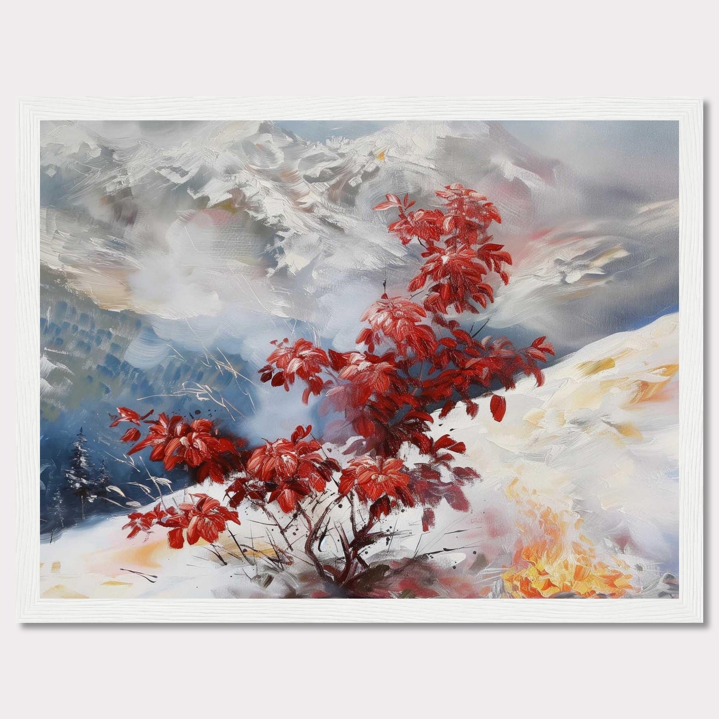 This captivating painting features a vibrant red bush standing out against a serene, snowy landscape. The background showcases majestic mountains partially obscured by mist, adding depth and mystery to the scene. The contrast between the fiery red leaves and the cool, muted tones of the snow and sky creates a striking visual effect.