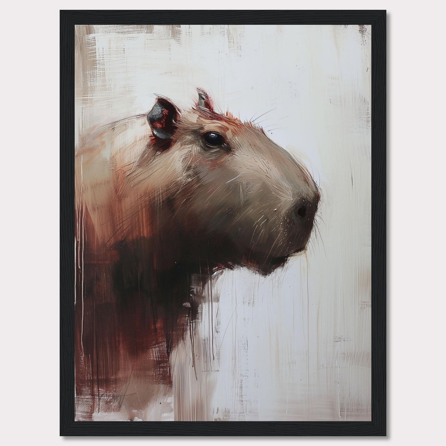 This image showcases a striking painting of a capybara, rendered in a modern, abstract style. The artwork features bold brush strokes and a muted color palette, with the capybara's head turned slightly to the side.