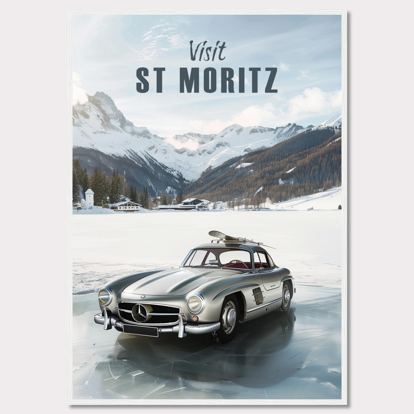 Discover the breathtaking beauty of St. Moritz with this stunning poster. Featuring a classic silver car parked on a frozen lake, surrounded by majestic snow-capped mountains and cozy alpine chalets.