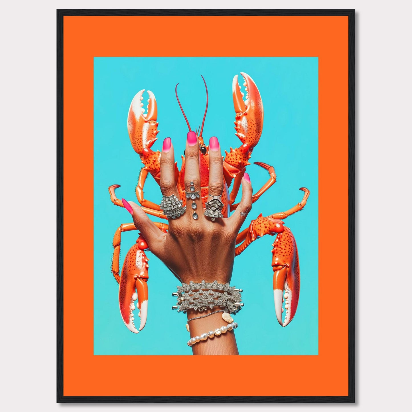 This vibrant and quirky artwork features a hand adorned with luxurious rings and bracelets, holding a bright orange lobster against a vivid blue background. The contrast between the bold colors and the intricate jewelry creates a striking visual impact.