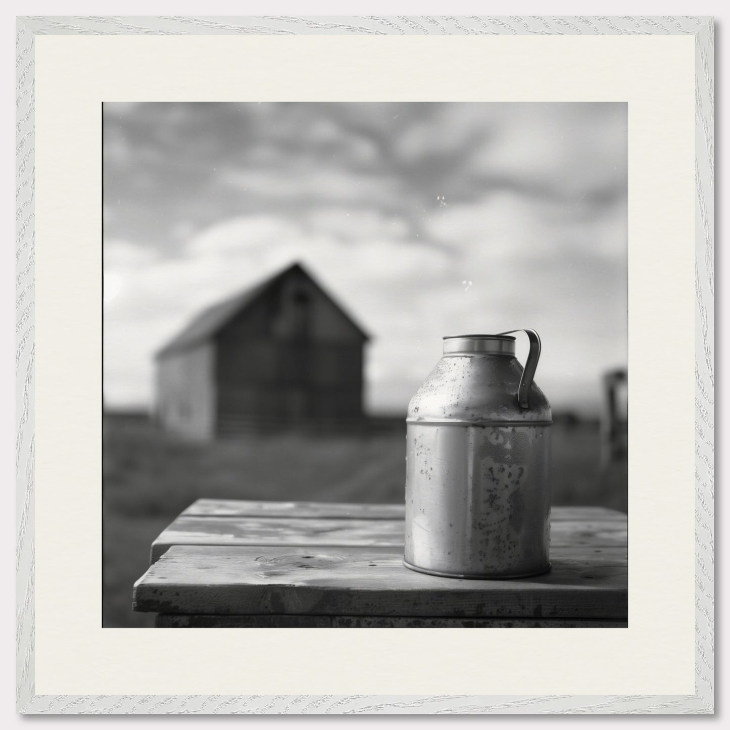 This is a black and white illustration showing a rustic scene. The focus is on an old metal milk can placed on a wooden table, with a blurred barn in the background under a cloudy sky.