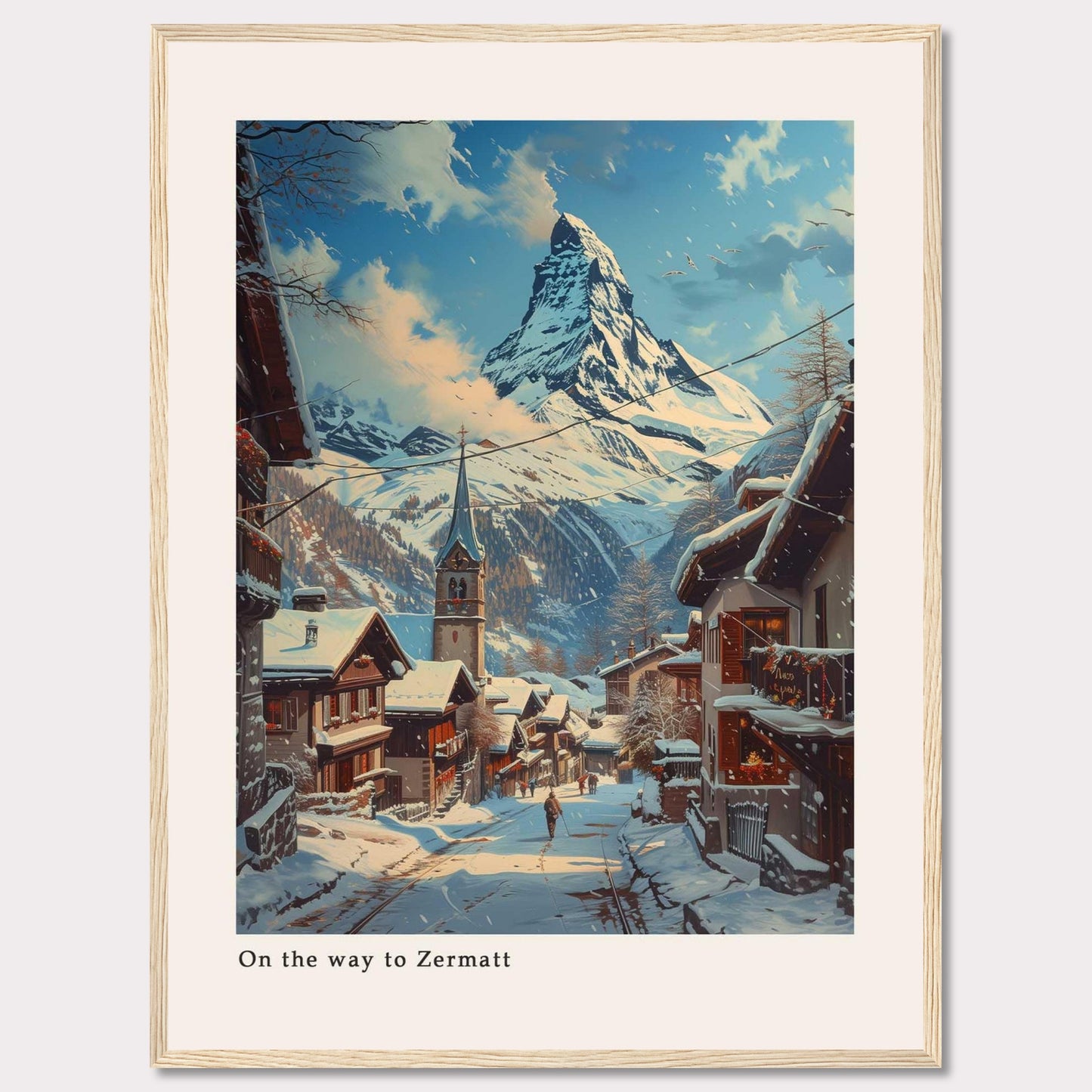 This beautiful artwork captures a serene winter scene on the way to Zermatt, featuring snow-covered rooftops and a majestic mountain in the background.