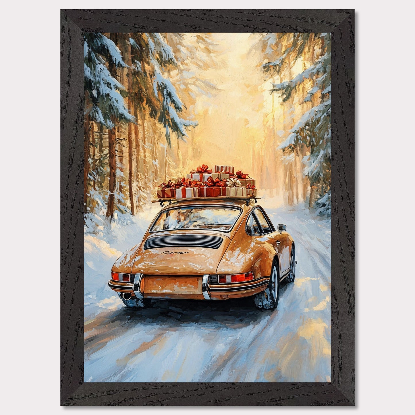 This festive poster showcases a yellow Porsche navigating a snow-covered path with holiday presents stacked on its roof. The warm glow from the trees lining the road creates a magical winter scene, while the "Merry Christmas" typography evokes the warmth and joy of the holiday season. The combination of sleek design and a peaceful winter landscape makes this a perfect holiday greeting.