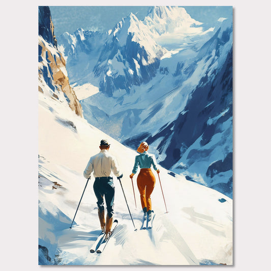 This retro poster captures the elegance and adventure of alpine skiing in Switzerland, circa 1960. Two fashionable skiers glide down the pristine snow with majestic mountains towering in the background. The vibrant colors of their outfits contrast beautifully against the white landscape, while the bold lettering emphasizes the stylish allure of alpine sports.