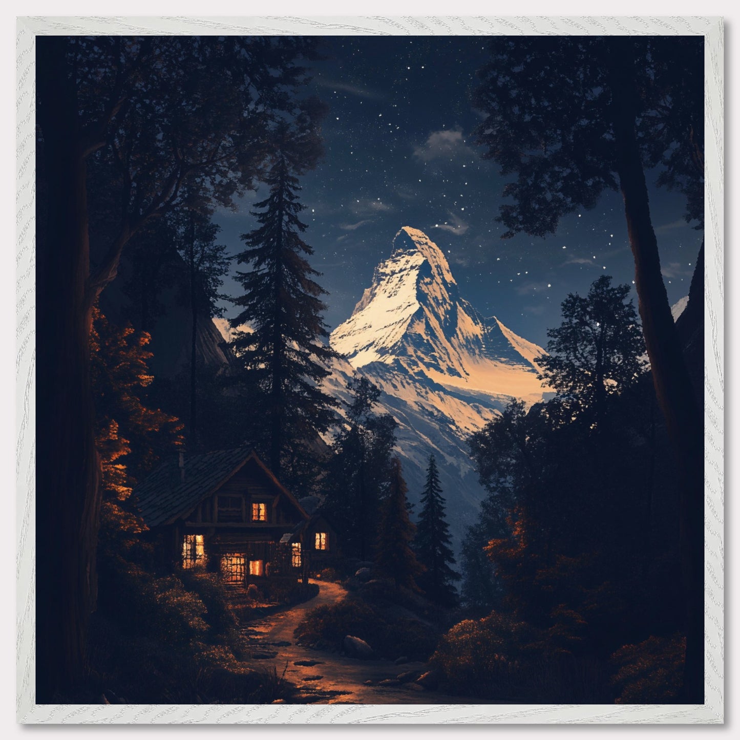 This breathtaking poster showcases the iconic Matterhorn mountain towering over a tranquil village at night, with the snow gently illuminated by the moon. The retro-inspired design and warm lighting from the chalets create a peaceful and majestic atmosphere, emphasizing the serene beauty of the Swiss Alps. This timeless poster captures the allure of winter in the Alps, making it a perfect reminder of the awe-inspiring landscapes and alpine tranquility.