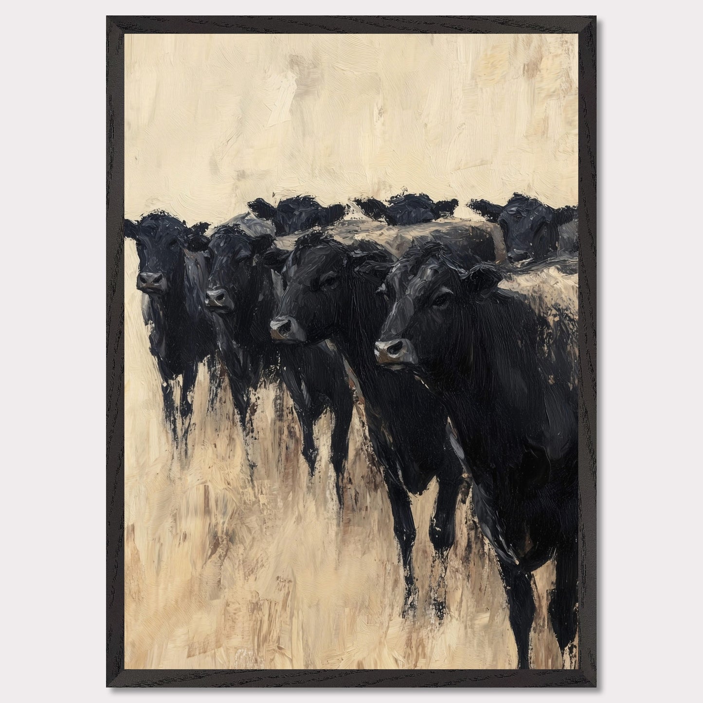 This captivating painting depicts a group of black cows standing together, evoking a sense of unity and strength. The textured brushstrokes and neutral background create a striking contrast, highlighting the animals' dark forms.