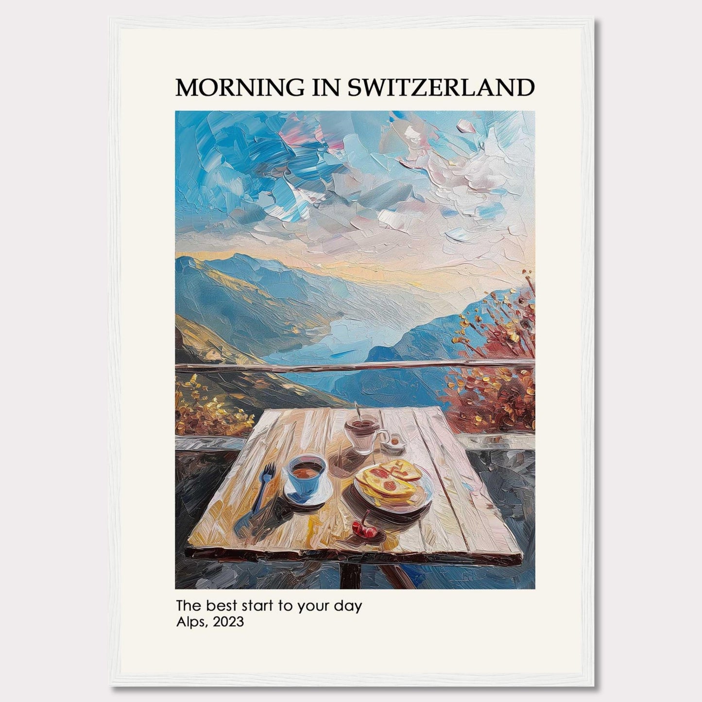 A serene morning in the Swiss Alps is depicted in this beautiful painting. The image showcases a wooden table set with a delightful breakfast, including coffee and pastries, against the backdrop of majestic mountains and a vibrant sky.