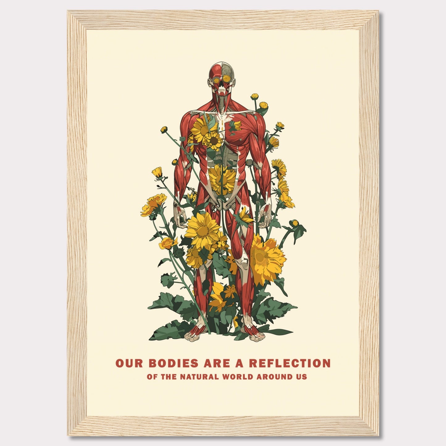 This image features a detailed anatomical illustration of a human body intertwined with vibrant yellow flowers and green foliage. The artwork highlights the connection between human anatomy and nature.