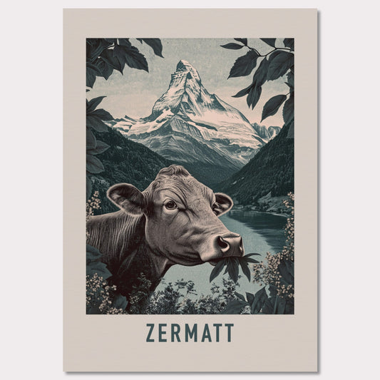 This minimalist yet striking poster captures the essence of Zermatt's natural charm through its bold composition and vintage-inspired design. At the heart of the image is a curious cow enjoying alpine foliage, framed by lush greenery, with the iconic Matterhorn towering in the background. The muted color palette enhances the timeless appeal, blending a sense of serenity and rustic life.