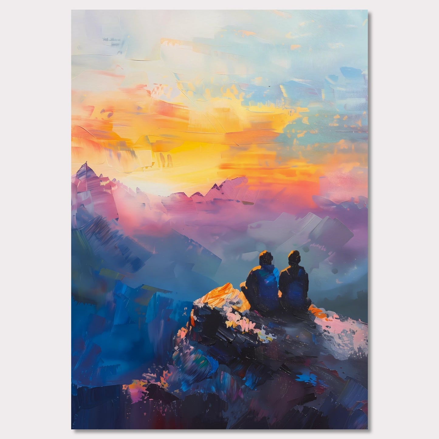 This is an illustration of two people sitting on a rocky cliff, overlooking a vibrant and colorful sunset or sunrise. The sky is painted with warm hues of orange, yellow, and pink, blending into cooler tones of blue and purple.