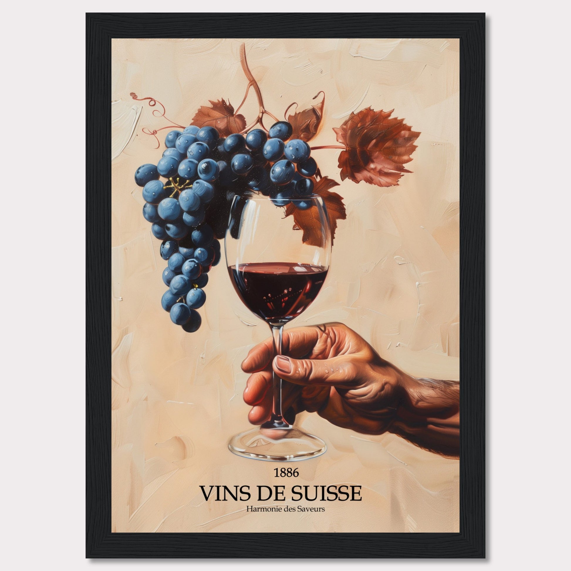 This captivating image showcases a hand holding a glass of red wine, with a luscious bunch of grapes hanging above it. The background is painted in warm, earthy tones, enhancing the rich colors of the grapes and wine.