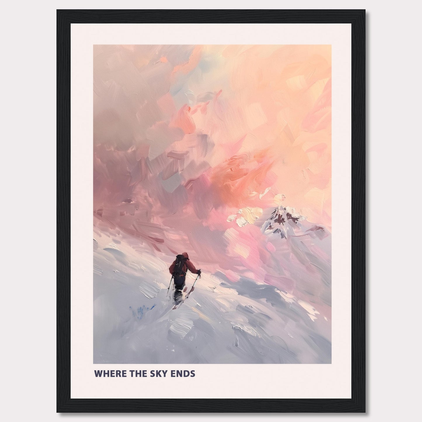 This captivating artwork titled "Where the Sky Ends" portrays a lone adventurer trekking through a snow-covered landscape towards a breathtaking, colorful sky. The painting captures a sense of solitude and determination against a backdrop of majestic, pastel-hued clouds.