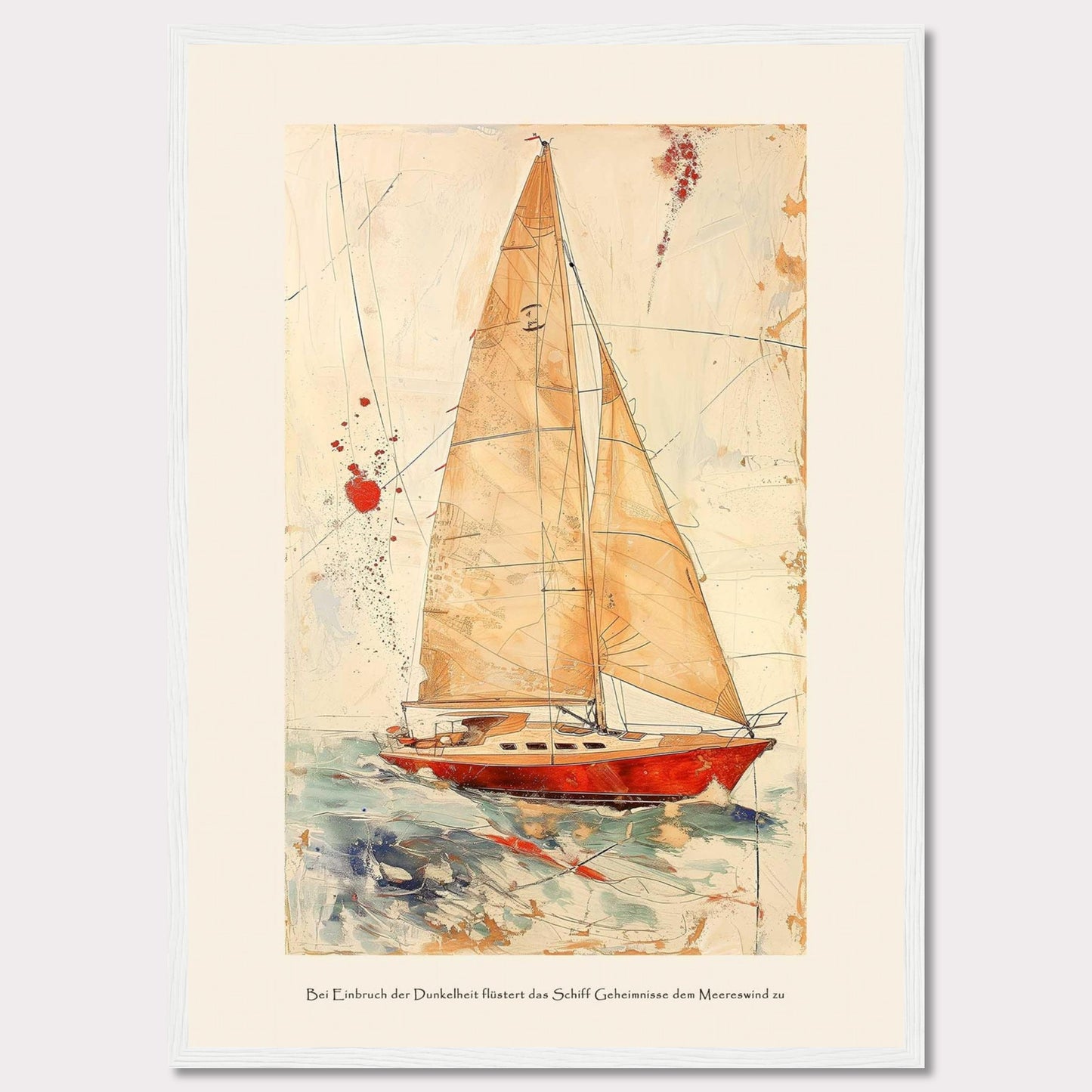 This artwork depicts a stunning sailboat navigating through the ocean with its sails fully unfurled. The painting features a vibrant red boat set against a dynamic background of abstract lines and splashes of color, giving a sense of movement and adventure. The text at the bottom reads: "Bei Einbruch der Dunkelheit flüstert das Schiff Geheimnisse dem Meereswind zu," which translates to "At dusk, the ship whispers secrets to the sea breeze."