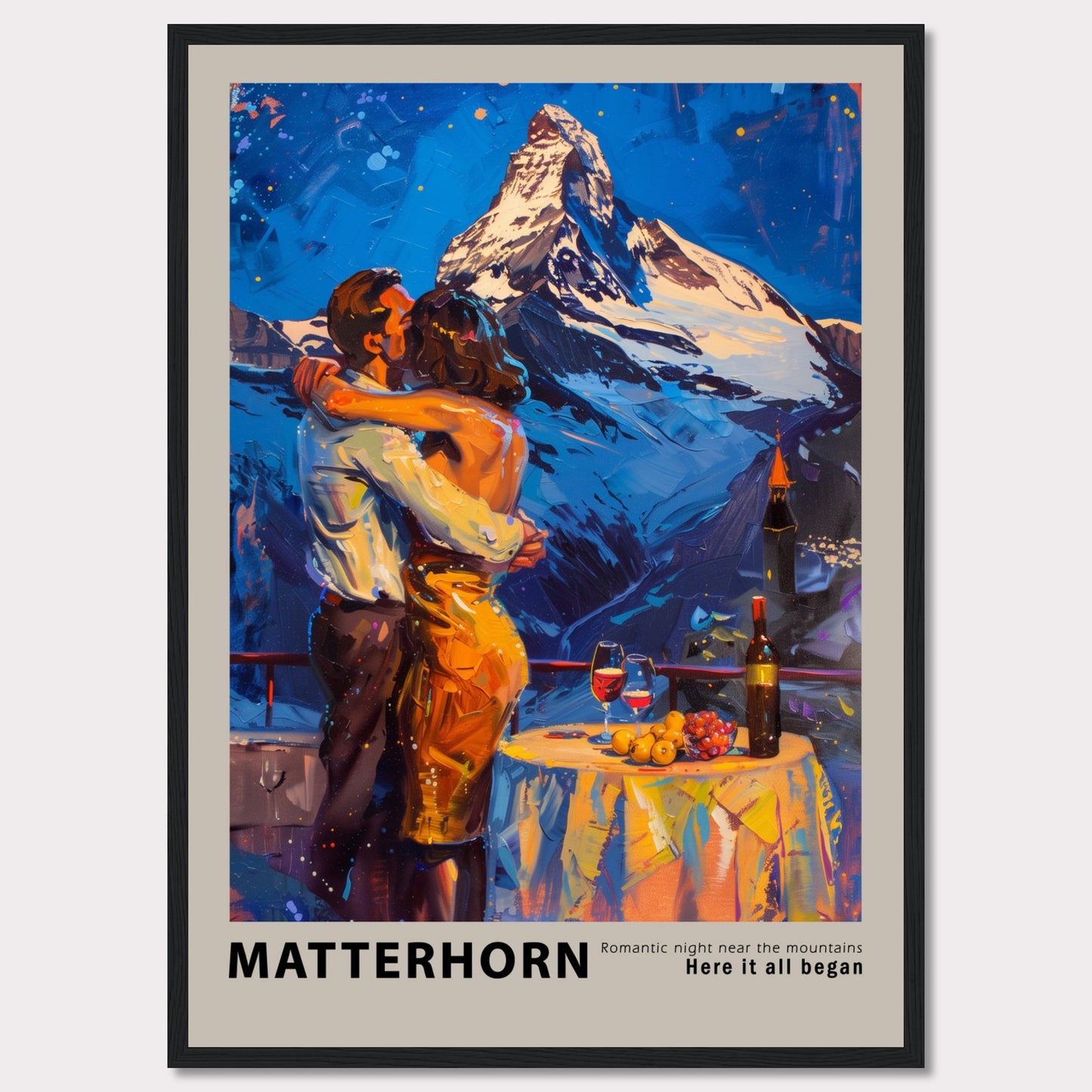 A romantic painting depicting a couple embracing near the Matterhorn mountain.