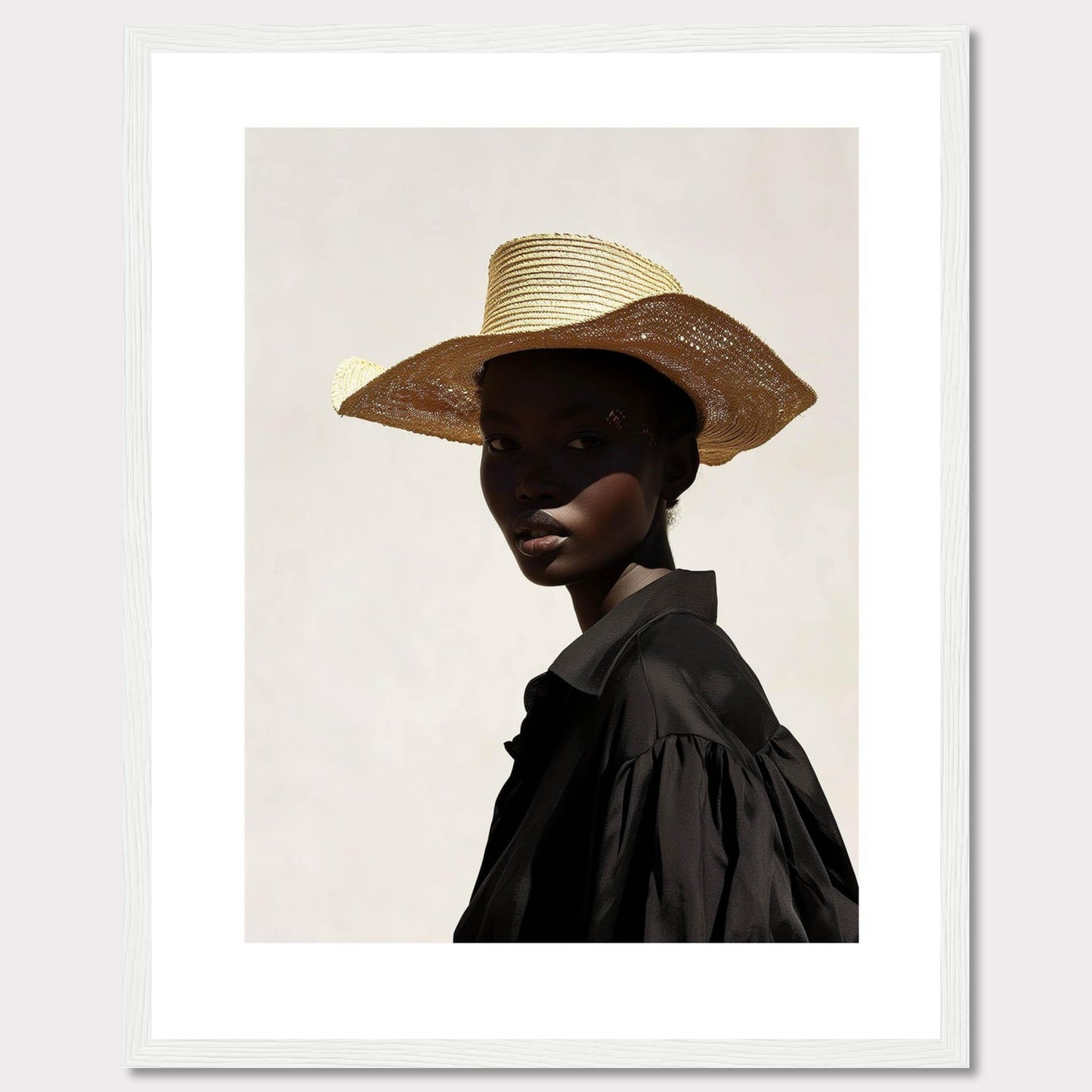 This striking portrait features a person wearing a wide-brimmed straw hat and a black outfit, set against a minimalist light background. The play of light and shadow adds depth and intrigue to the image.