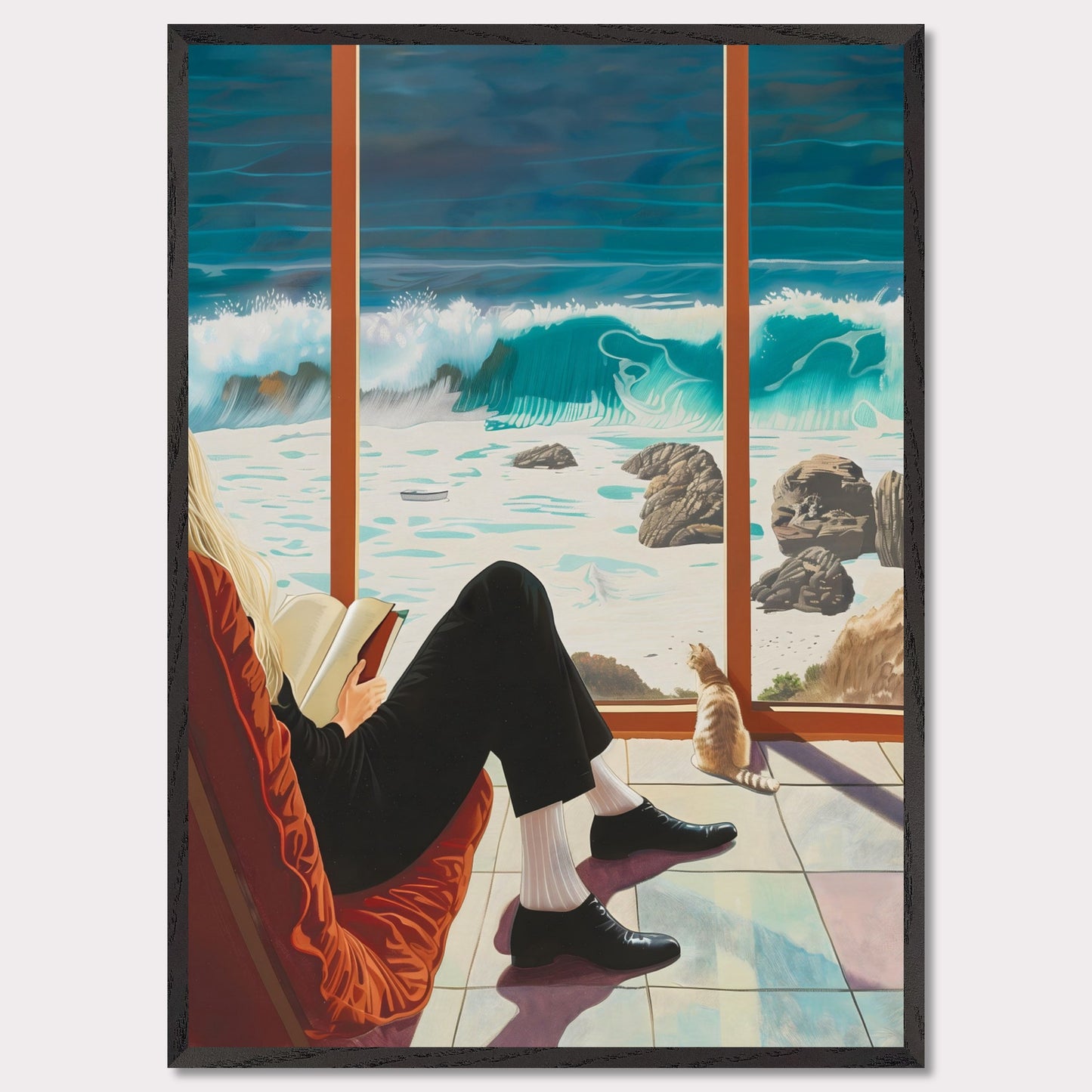 This captivating artwork depicts a serene scene where a person is sitting comfortably by a large window, reading a book. Outside, the ocean waves crash against the rocky shore, creating a mesmerizing view. A cat sits by the window, also gazing at the beautiful seascape.